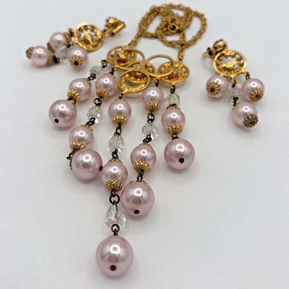 Vintage Pink Faux Pearl Rhinestone Fringe Drop Necklace Earring Set Gold Tone